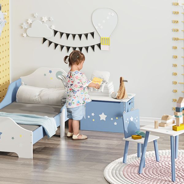 Cassapanca baule portagiochi in legno blu e bianco, panca per cameretta bambini 55 x 34 x 35.5 cm - 