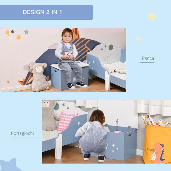 Cassapanca baule portagiochi in legno blu e bianco, panca per cameretta bambini 55 x 34 x 35.5 cm - 