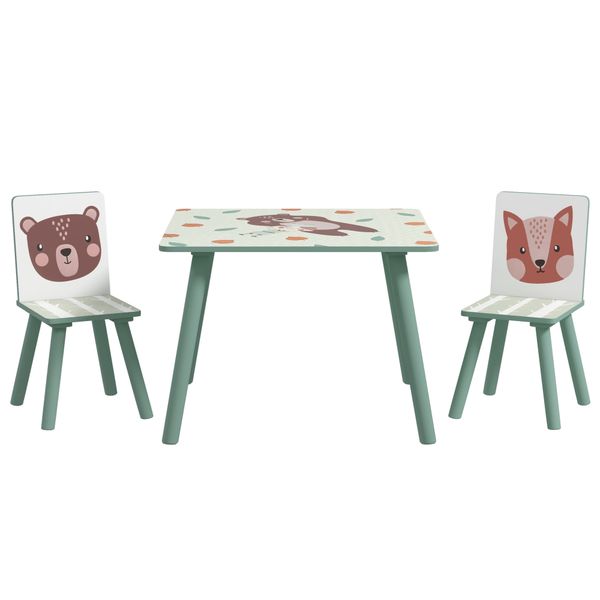 Set tavolo e sedie 3 pezzi per bambini 3-8 anni in mdf e legno di pino, verde - 