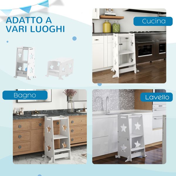 Scala montessori convertibile in set tavolo e sedie con barra di sicurezza, in legno, 60x44.5x86 cm, bianco - 