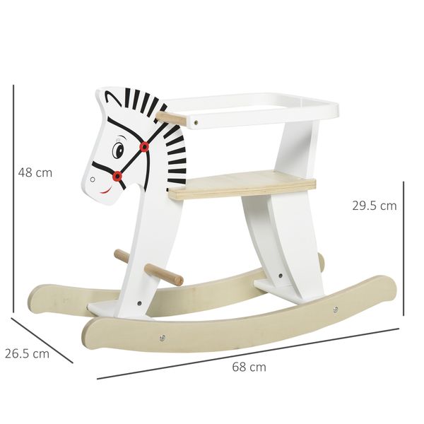 Cavallo a dondolo classico in legno per bambini 1-3 anni con bordo, maniglie e poggiapiedi, 68x26.5x48cm, bianco - 