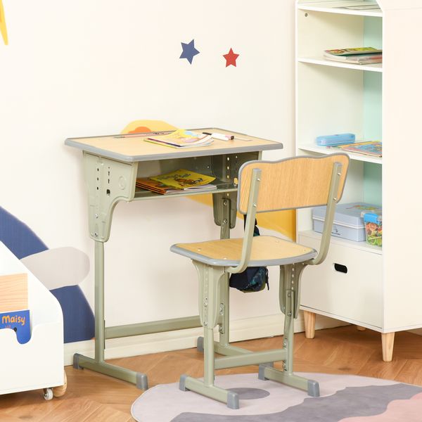 Banco scuola con sedia per bambini 6-12 anni, scrivania per bambini con altezza regolabile, vano contenitore e portapenne, acciaio e mdf, color legno - 