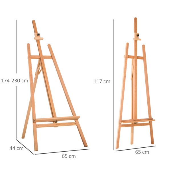 Cavalletto per pittura treppiede con supporto per tela regolabile in legno di faggio, 65x68x174-230 cm - 