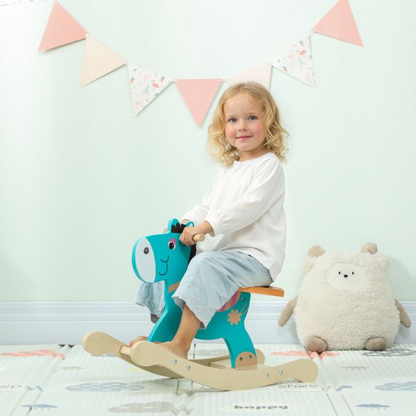 Cavallo a dondolo a forma di asino per bambini con base larga, in legno, 59x27x43 cm, verde scuro e arancione - 