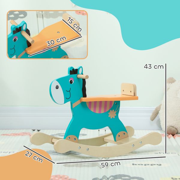 Cavallo a dondolo a forma di asino per bambini con base larga, in legno, 59x27x43 cm, verde scuro e arancione - 