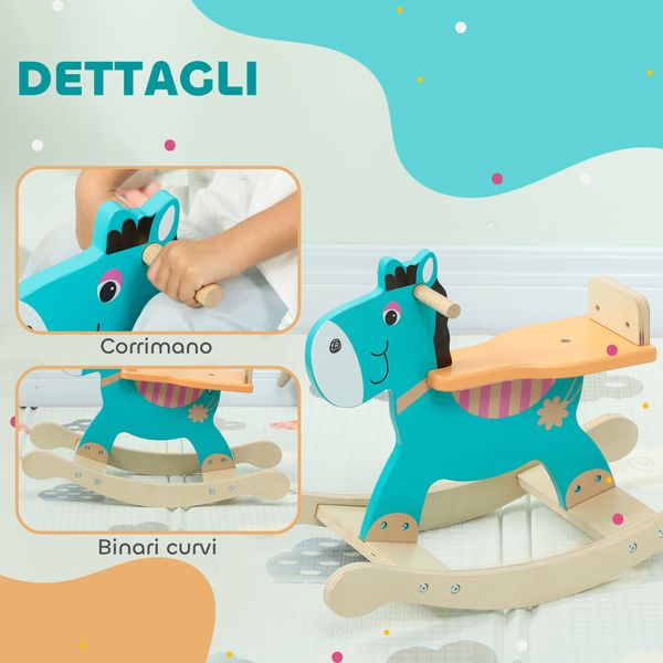 Cavallo a dondolo a forma di asino per bambini con base larga, in legno, 59x27x43 cm, verde scuro e arancione - 