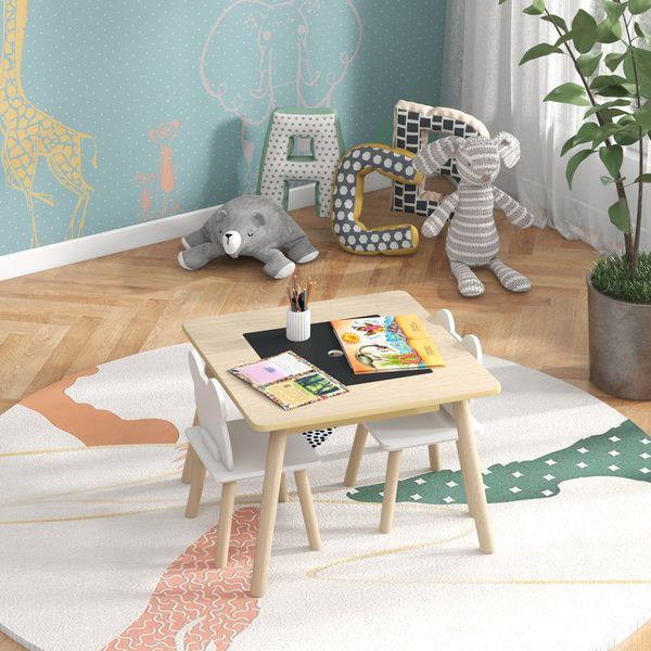 Set tavolo 3 in 1 e 2 sedie per bambini con schienale a orsetto, età 3-6 anni, colore legno - 