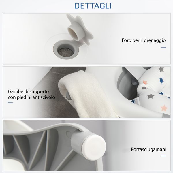 Vaschetta bagnetto pieghevole per bambini 0-3 anni con indicatore di temperatura e cuscino, 81.5x50.5x23.5cm, bianco - 