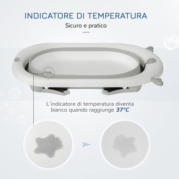 Vaschetta bagnetto pieghevole per bambini 0-3 anni con indicatore di temperatura e cuscino, 81.5x50.5x23.5cm, bianco - 