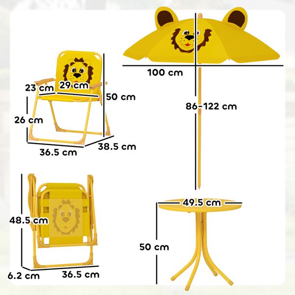 Set da giardino per bambini 2-5 anni con tavolino rotondo, 2 sedie pieghevoli e un ombrellone, giallo - 