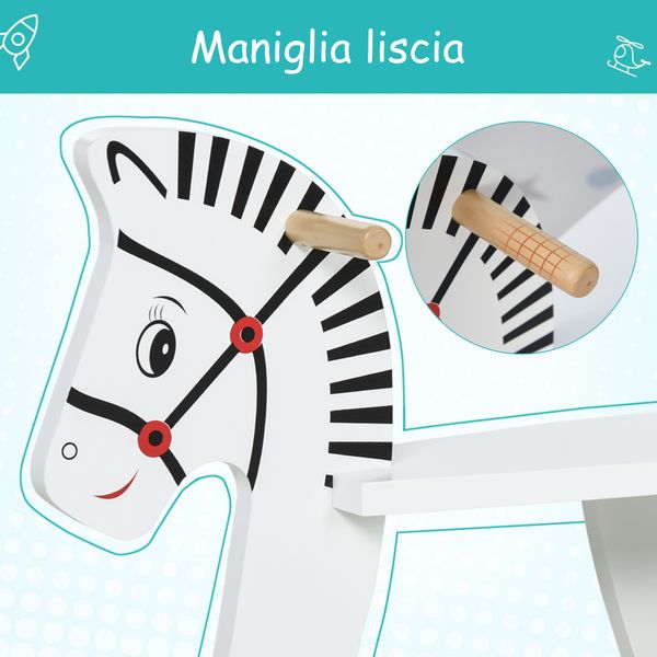 Cavallo a dondolo classico in legno per bambini 1-3 anni con bordo, maniglie e poggiapiedi, 68x26.5x48cm, bianco - 