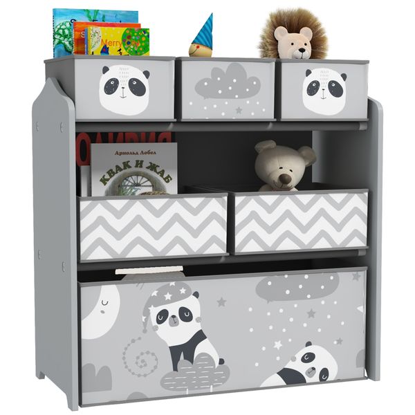 Scaffale portagiochi per bambini con 6 contenitori rimovibili in tessuto, 63x30x66cm, grigio - 