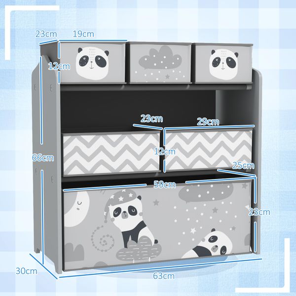Scaffale portagiochi per bambini con 6 contenitori rimovibili in tessuto, 63x30x66cm, grigio - 