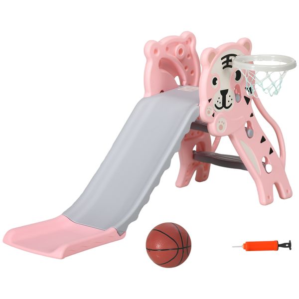 Scivolo per bambini 18-36 mesi con canestro da basket laterale, in plastica, 133x60x70 cm, rosa e grigio - 