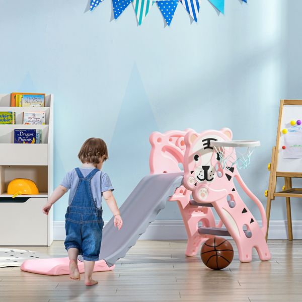 Scivolo per bambini 18-36 mesi con canestro da basket laterale, in plastica, 133x60x70 cm, rosa e grigio - 