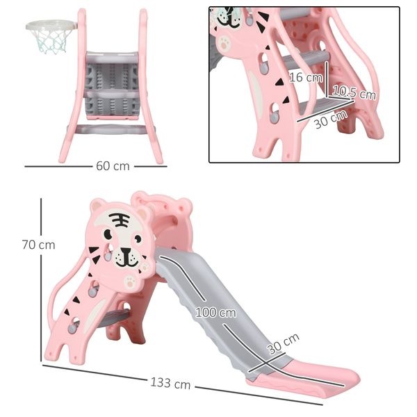 Scivolo per bambini 18-36 mesi con canestro da basket laterale, in plastica, 133x60x70 cm, rosa e grigio - 