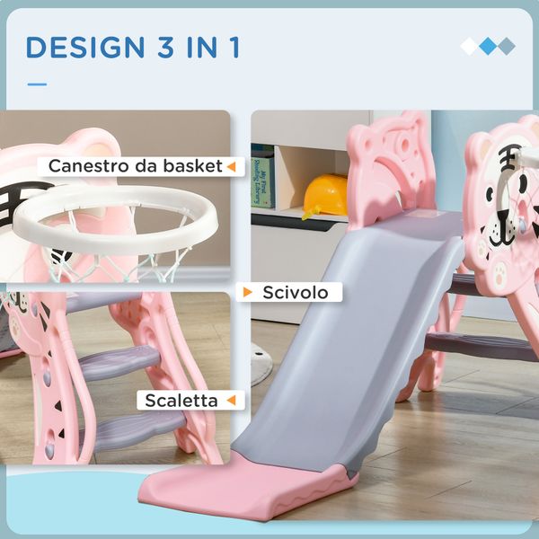 Scivolo per bambini 18-36 mesi con canestro da basket laterale, in plastica, 133x60x70 cm, rosa e grigio - 