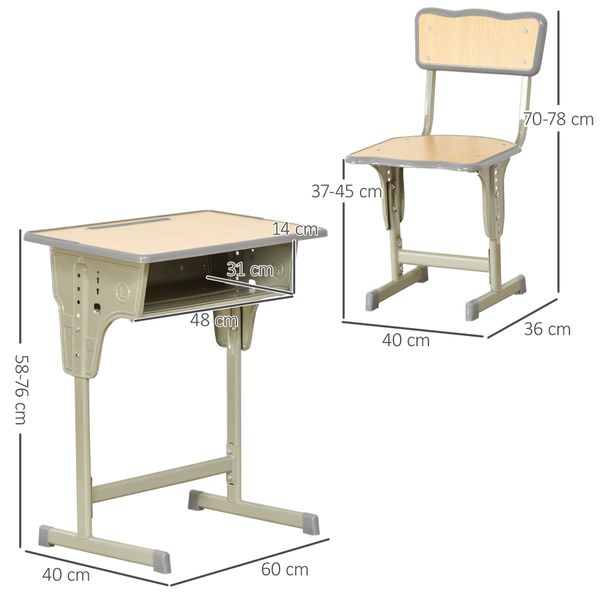 Banco scuola con sedia per bambini 6-12 anni, scrivania per bambini con altezza regolabile, vano contenitore e portapenne, acciaio e mdf, color legno - 