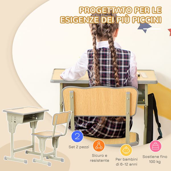 Banco scuola con sedia per bambini 6-12 anni, scrivania per bambini con altezza regolabile, vano contenitore e portapenne, acciaio e mdf, color legno - 