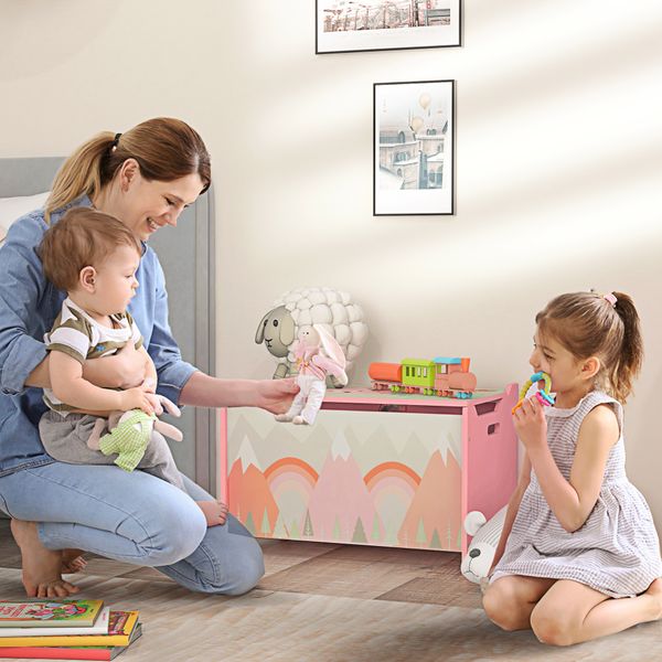 Baule portagiochi per bambini con coperchio e cerniera di sicurezza in mdf, 60x37x39cm, rosa - 
