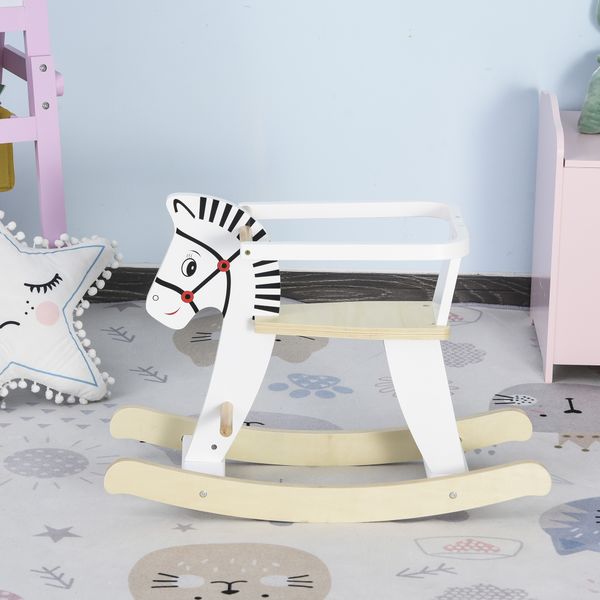 Cavallo a dondolo classico in legno per bambini 1-3 anni con bordo, maniglie e poggiapiedi, 68x26.5x48cm, bianco - 