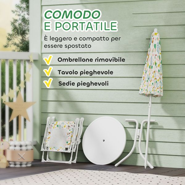 Set da giardino per bambini 2-5 anni con tavolino rotondo, 2 sedie pieghevoli e un ombrellone, bianco - 