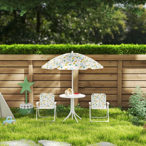 Set da giardino per bambini 2-5 anni con tavolino rotondo, 2 sedie pieghevoli e un ombrellone, bianco - 