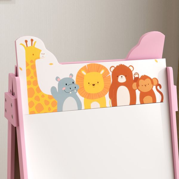 Cavalletto artistico per bambini 3-8 anni con lavagna a 2 lati e 2 cestini contenitori, in legno, 53.5x49x113 cm, rosa - 