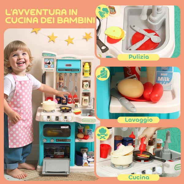 Cucina giocattolo per bambini 3-6 anni con 92 accessori, in pp, pe e abs, 44.5x24x79 cm, verde - 