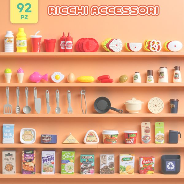 Cucina giocattolo per bambini 3-6 anni con 92 accessori, in pp, pe e abs, 44.5x24x79 cm, verde - 