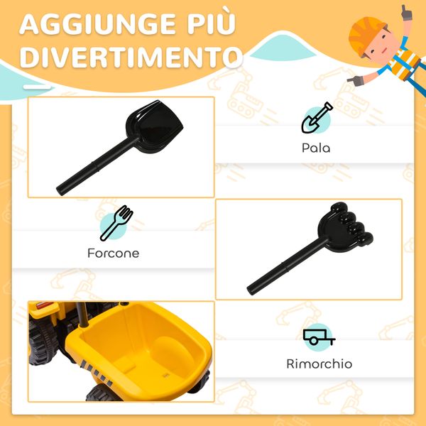 Camion giocattolo per bambini 12-36 mesi con pala e rimorchio, in pp e metallo, 91x29x44 cm, giallo - 