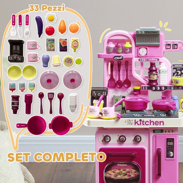 Cucina giocattolo per bambini da 33 pezzi con luci, suoni e rubinetto, in pp e abs, 53x22x69 cm, rosa - 