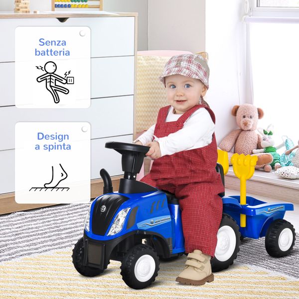 Trattore per bambini cavalcabile con rimorchio, rastrello e pala, gioco educativo per bimbi 12-36 mesi, 91x29x44cm, blu - 