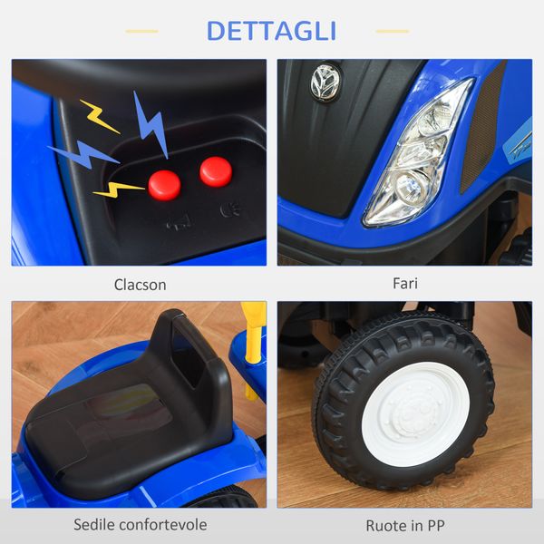 Trattore per bambini cavalcabile con rimorchio, rastrello e pala, gioco educativo per bimbi 12-36 mesi, 91x29x44cm, blu - 
