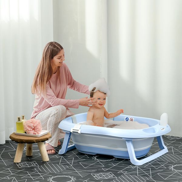 Vaschetta bagnetto pieghevole bambini 0-6 anni con cuscino e 2 ripiani, 83x48x23.5 cm, blu e bianco - 
