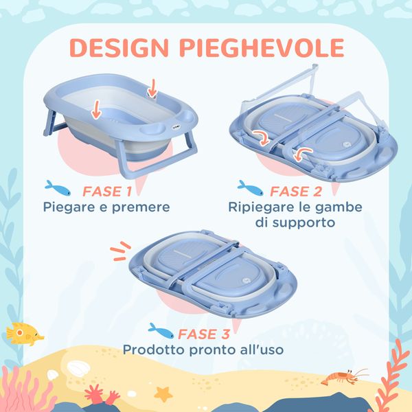 Vaschetta bagnetto pieghevole bambini 0-6 anni con cuscino e 2 ripiani, 83x48x23.5 cm, blu e bianco - 