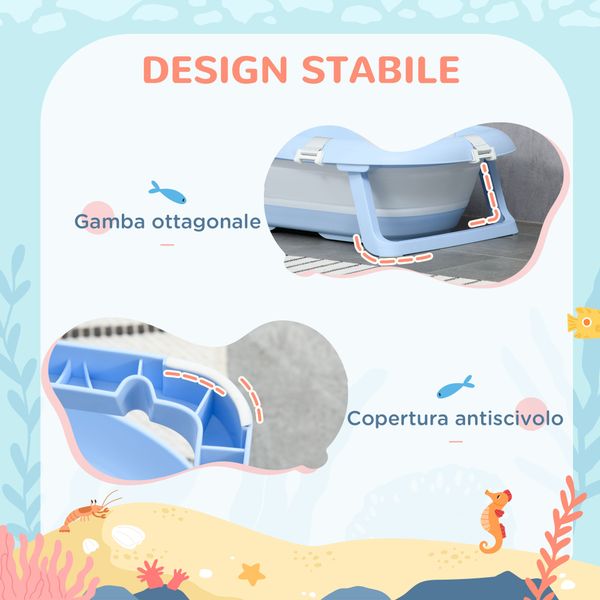 Vaschetta bagnetto pieghevole bambini 0-6 anni con cuscino e 2 ripiani, 83x48x23.5 cm, blu e bianco - 