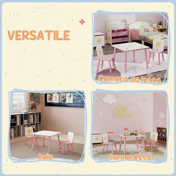 Set arredo cameretta con tavolo e 2 sedie, altezza adatta per bambini da 3-8 anni con fantasia a stelle, rosa - 
