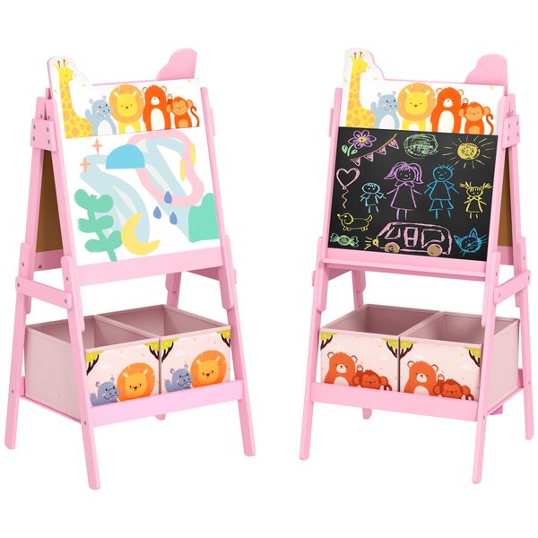 Cavalletto artistico per bambini 3-8 anni con lavagna a 2 lati e 2 cestini contenitori, in legno, 53.5x49x113 cm, rosa - 