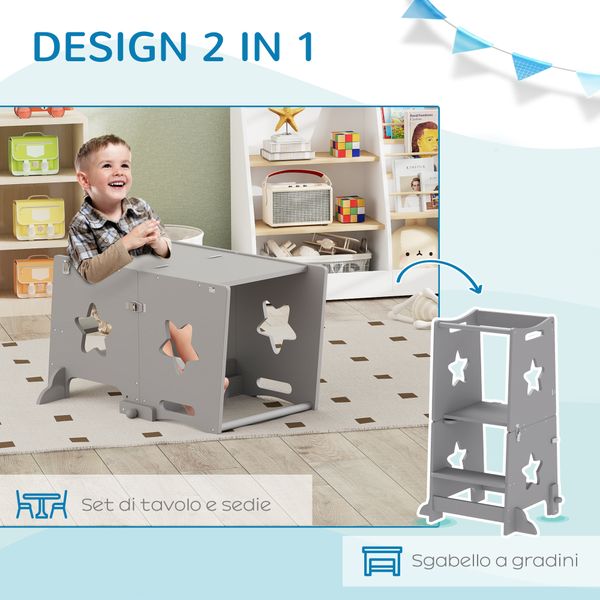 Scala montessori convertibile in set tavolo e sedie con barra di sicurezza, in legno, 60x44.5x86 cm, grigio - 