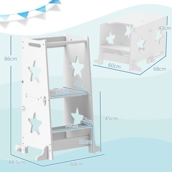 Scala montessori convertibile in set tavolo e sedie con barra di sicurezza, in legno, 60x44.5x86 cm, bianco - 