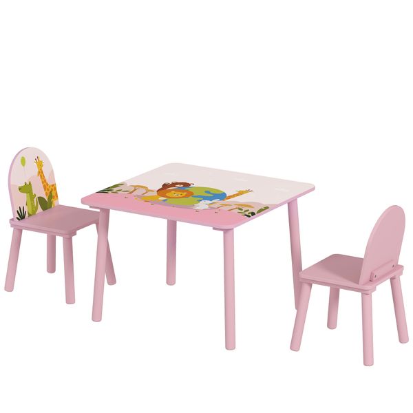 Set tavolo e sedie per bambini 3-8 anni con motivi animali e bordi arrotondati, in mdf e legno di pino rosa - 