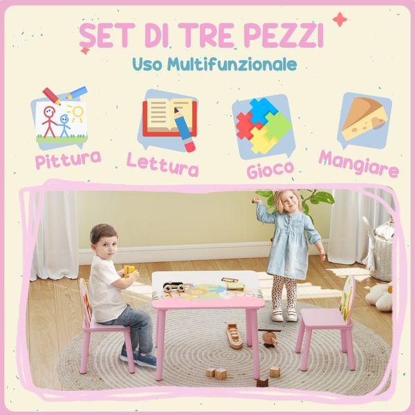 Set tavolo e sedie per bambini 3-8 anni con motivi animali e bordi arrotondati, in mdf e legno di pino rosa - 