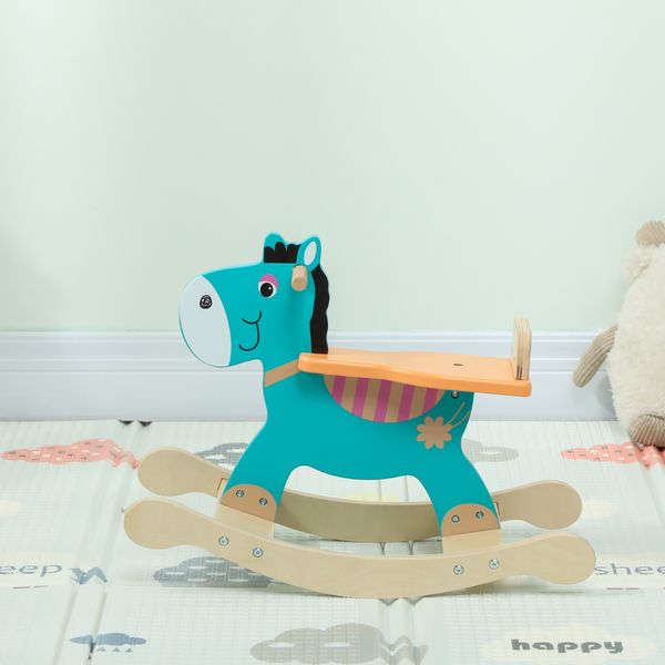 Cavallo a dondolo a forma di asino per bambini con base larga, in legno, 59x27x43 cm, verde scuro e arancione - 