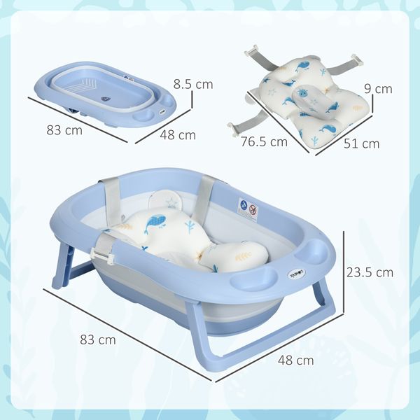 Vaschetta bagnetto pieghevole bambini 0-6 anni con cuscino e 2 ripiani, 83x48x23.5 cm, blu e bianco - 