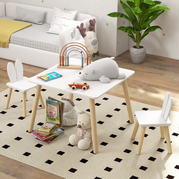 Set tavolo e 2 sedie per bambini con schienale a orecchie di coniglio, età 3-6 anni, bianco - 