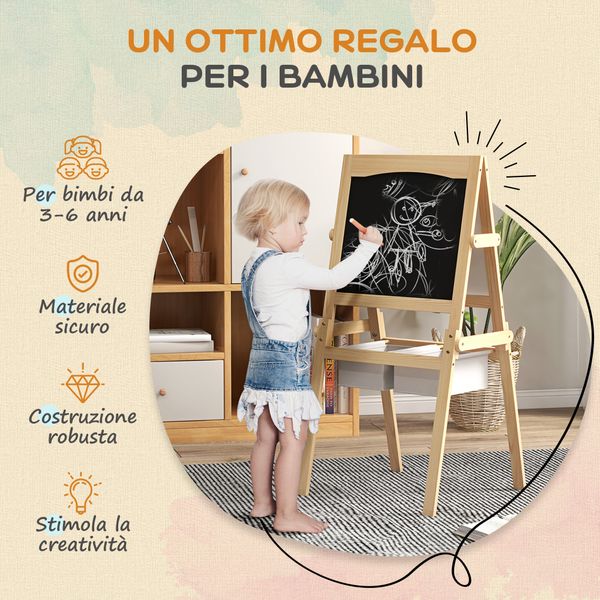 Lavagna per bambini con cavalletto 3 in 1 e cestini, età 3-6 anni, 58x50.5x109cm, color legno - 