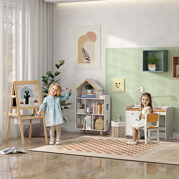Lavagna per bambini con cavalletto 3 in 1 e cestini, età 3-6 anni, 58x50.5x109cm, color legno - 