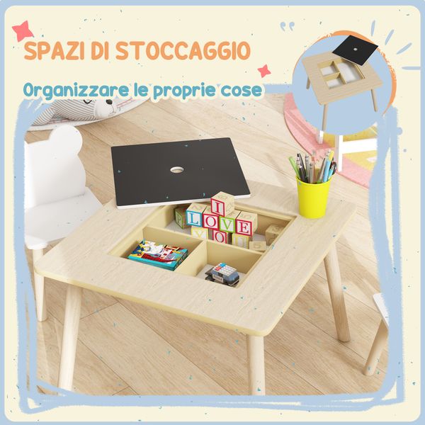 Set tavolo 3 in 1 e 2 sedie per bambini con schienale a orsetto, età 3-6 anni, colore legno - 