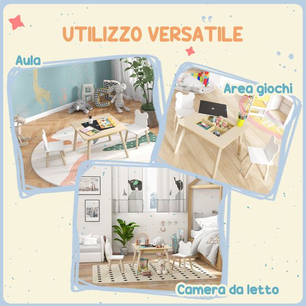Set tavolo 3 in 1 e 2 sedie per bambini con schienale a orsetto, età 3-6 anni, colore legno - 